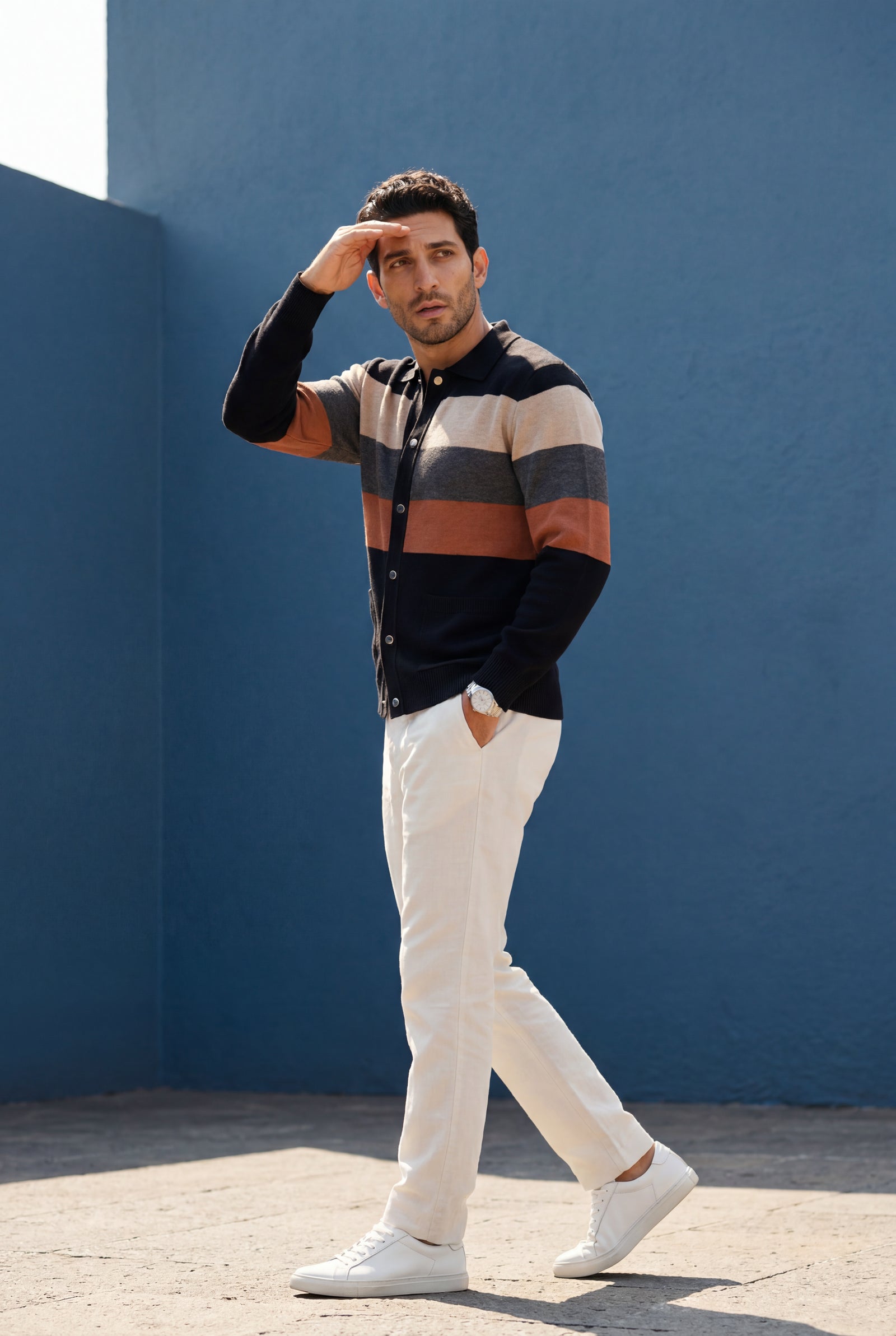 Orange Striped Button-up Cardigan with Double Front Pockets - Photo 15