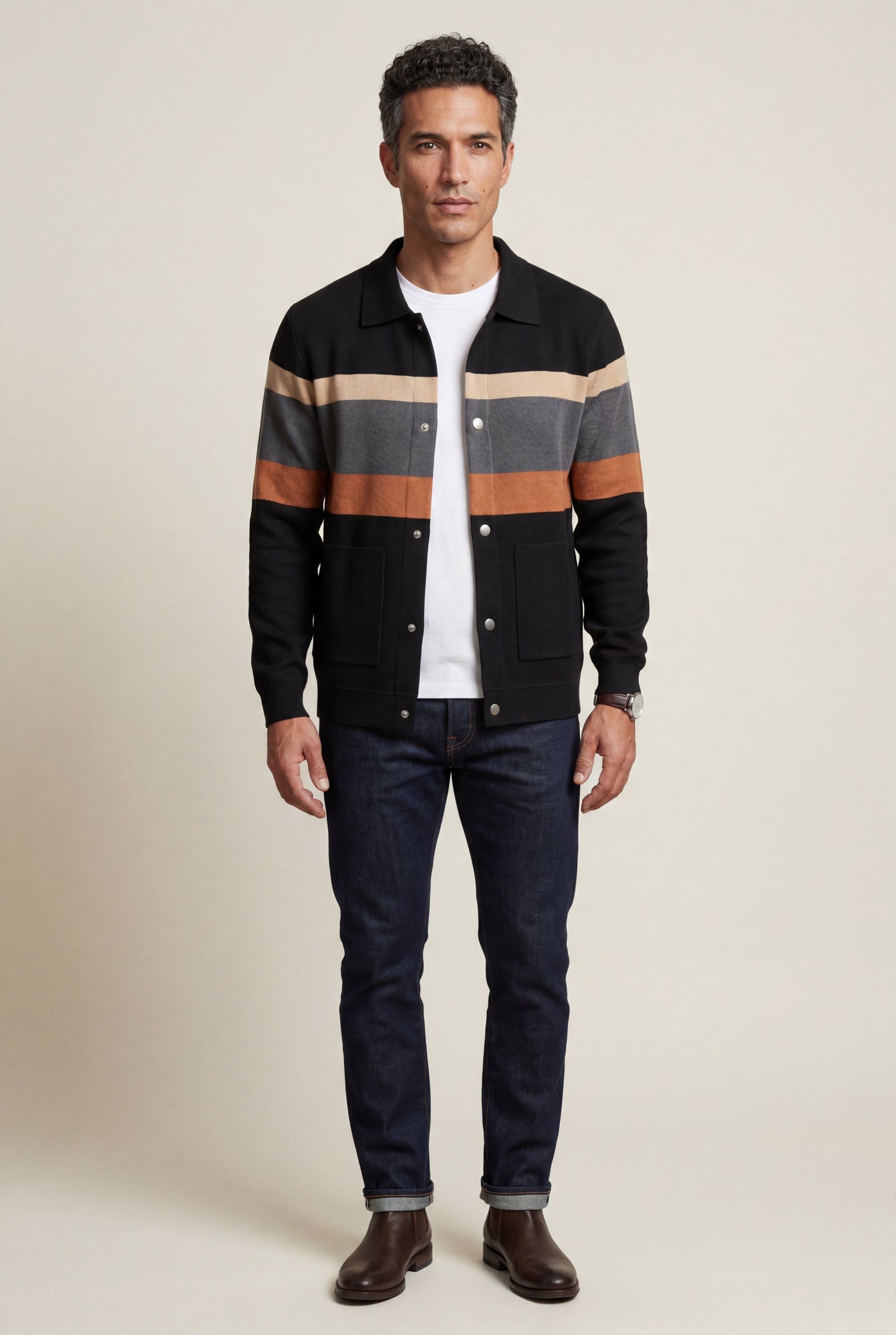 Orange Striped Button-up Cardigan with Double Front Pockets - Photo 2