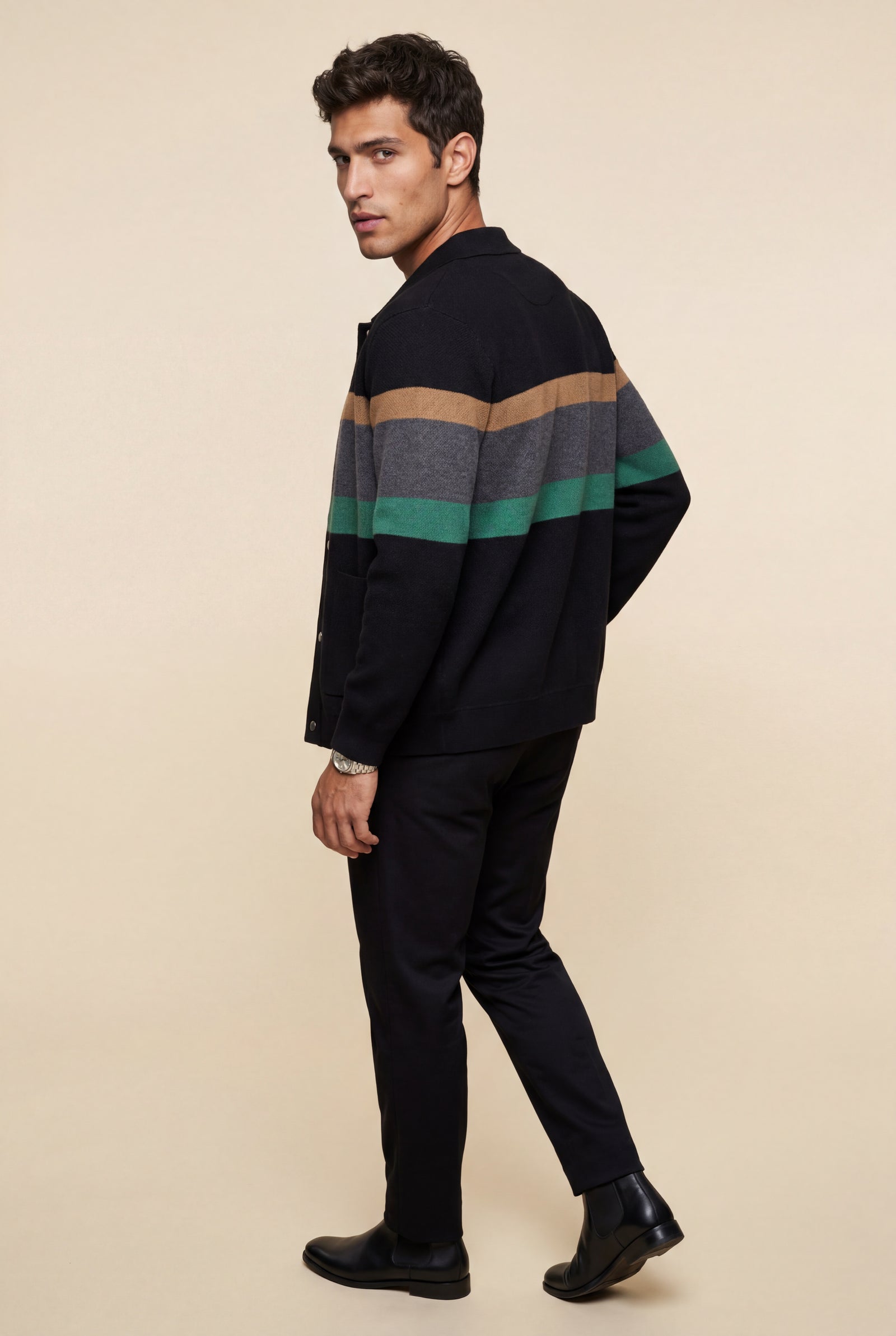 Black Striped Button-up Cardigan with Double Front Pockets - Photo 4