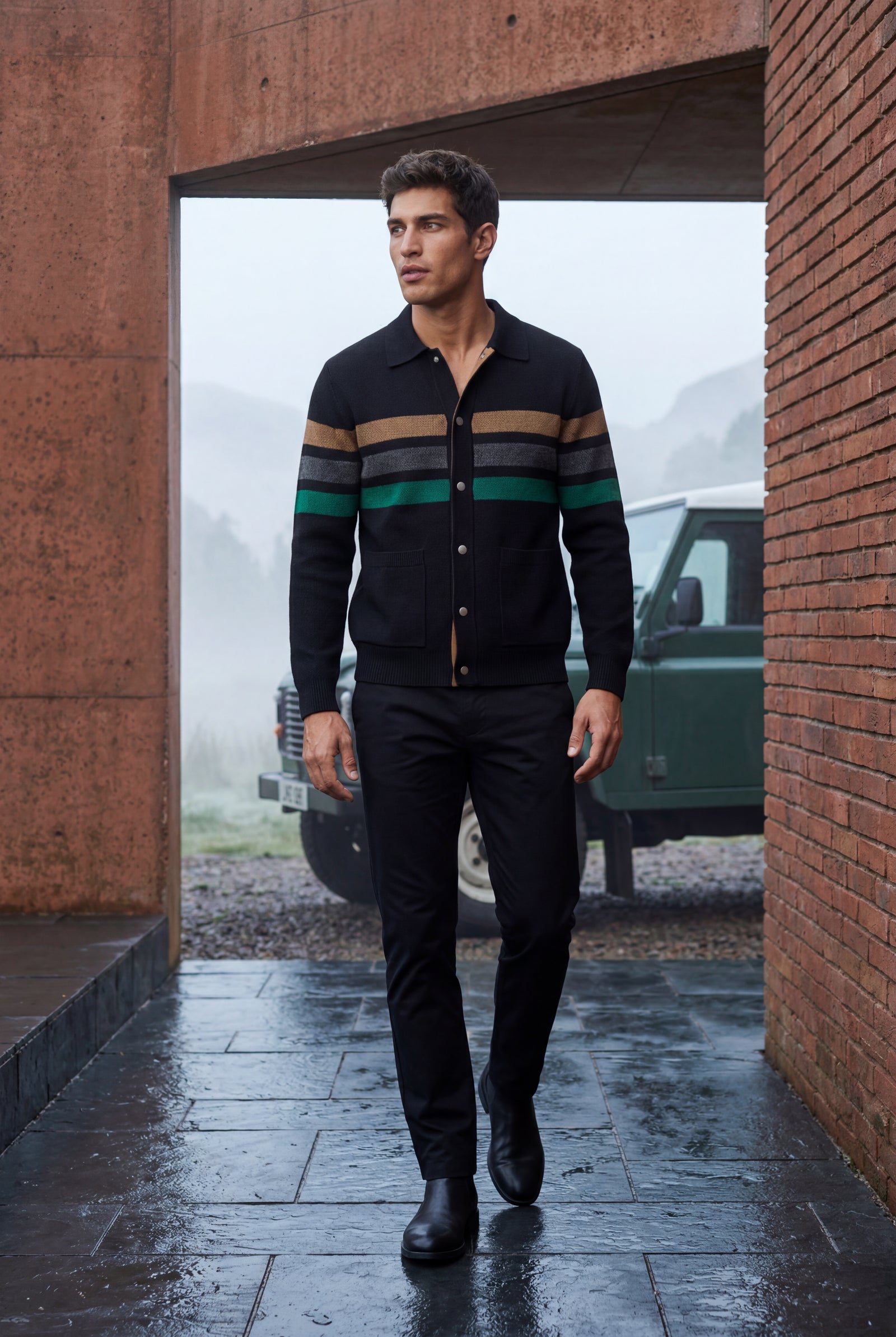 Black Striped Button-up Cardigan with Double Front Pockets - Photo 8