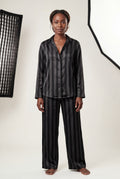 Black Striped Button-up Pyjama Set with Relaxed Pants - Photo 5