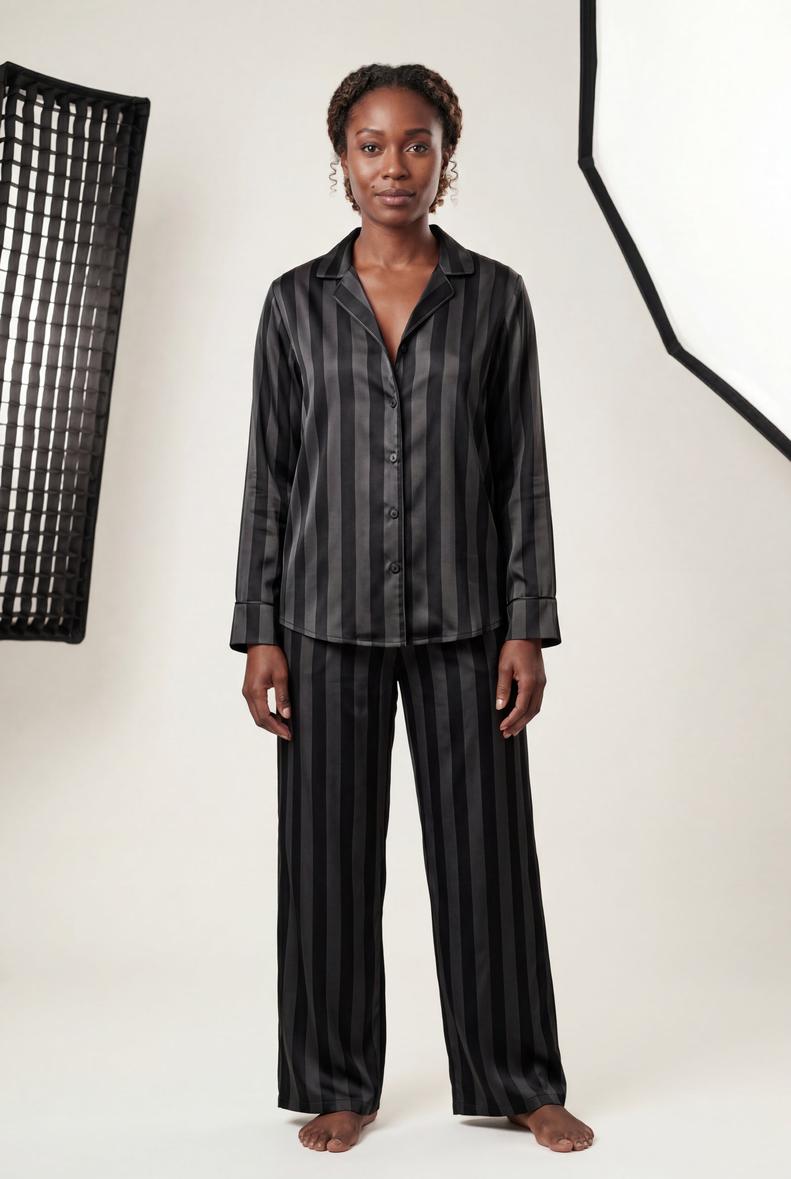 Black Striped Button-up Pyjama Set with Relaxed Pants - Photo 5