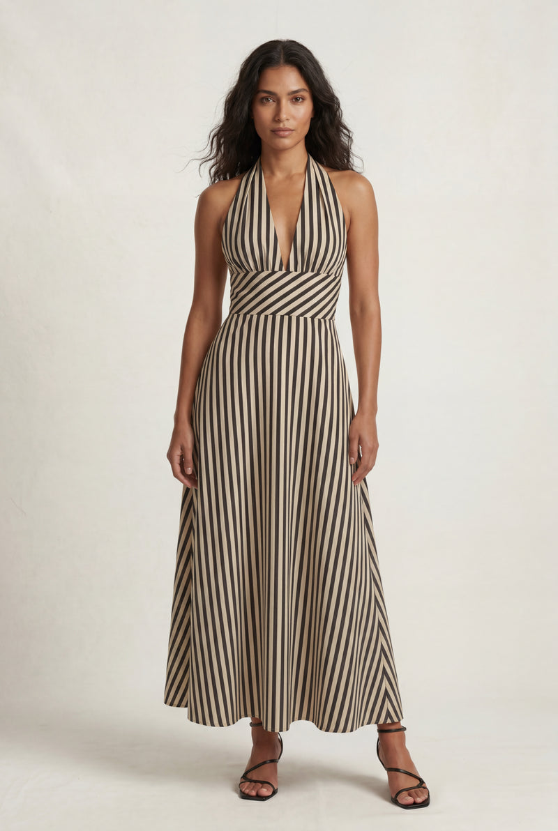 Black Striped Halter Neck A-line Maxi Dress with Deep V - Photo 1