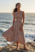 Brown Striped Halter Neck A-line Maxi Dress with Deep V - Photo 12