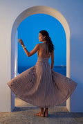 Brown Striped Halter Neck A-line Maxi Dress with Deep V - Photo 13