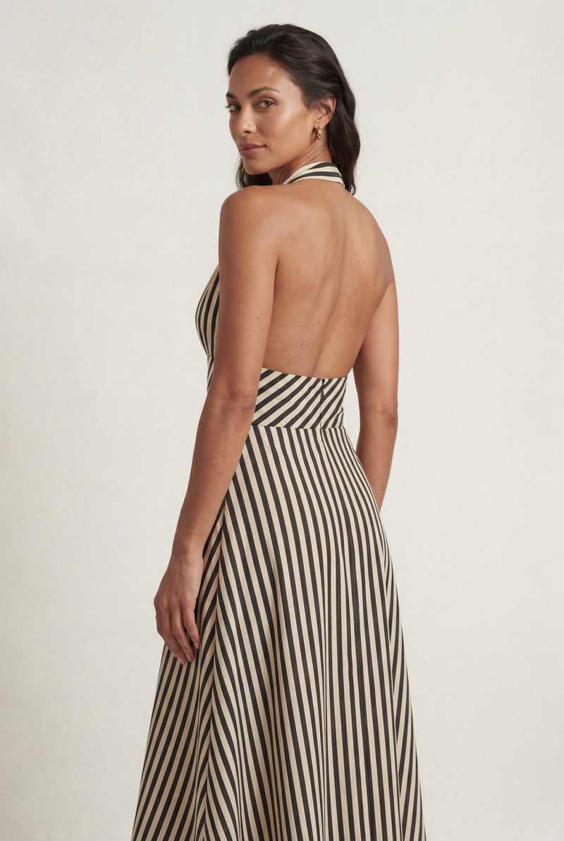Black Striped Halter Neck A-line Maxi Dress with Deep V - Photo 2