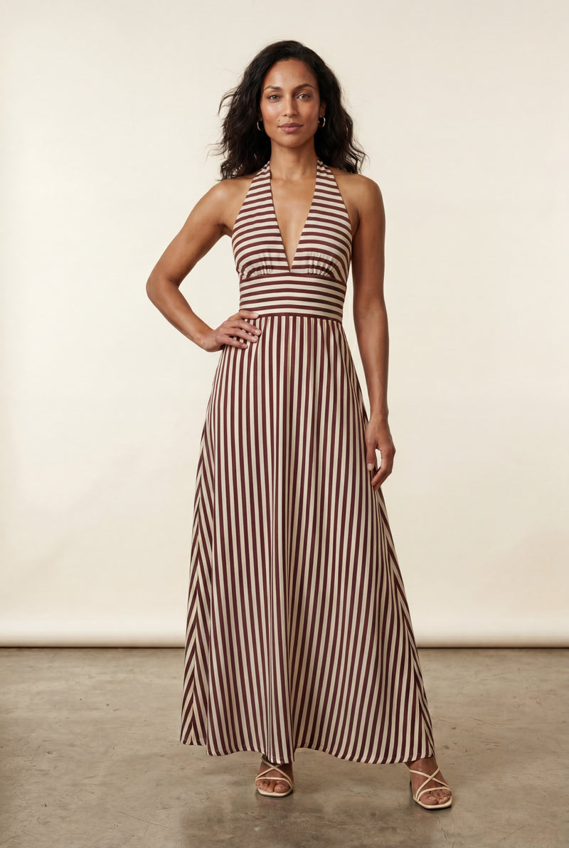 Brown Striped Halter Neck A-line Maxi Dress with Deep V - Photo 3