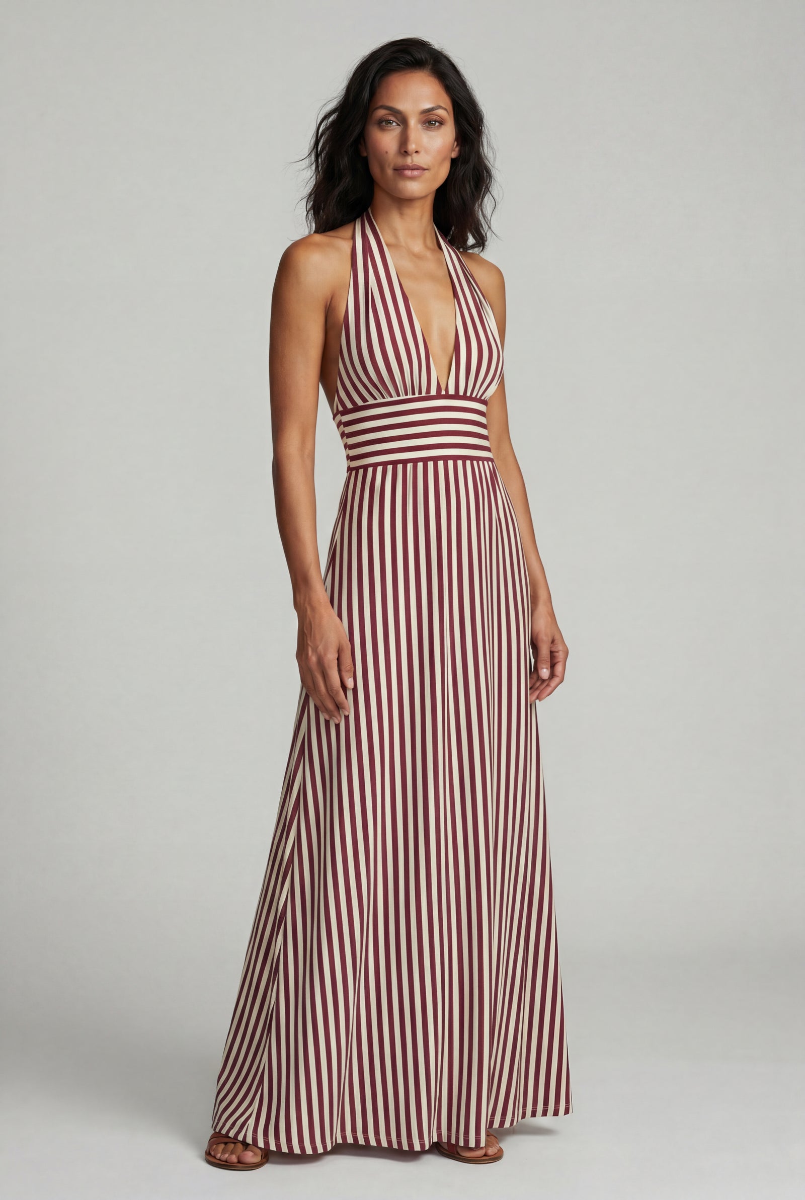 Brown Striped Halter Neck A-line Maxi Dress with Deep V - Photo 6