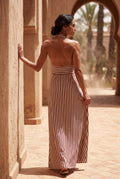 Brown Striped Halter Neck A-line Maxi Dress with Deep V - Photo 8