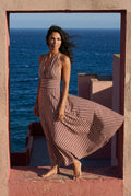 Brown Striped Halter Neck A-line Maxi Dress with Deep V - Photo 9
