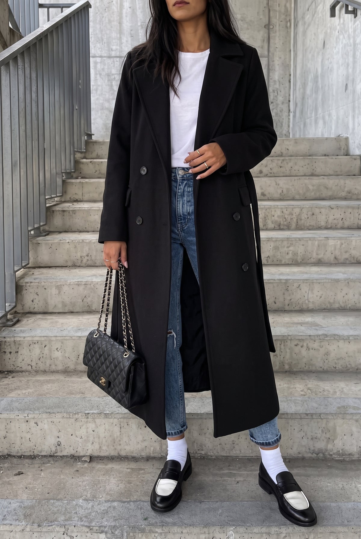 Structured Double-Breasted Trench Coat in Black — studio front