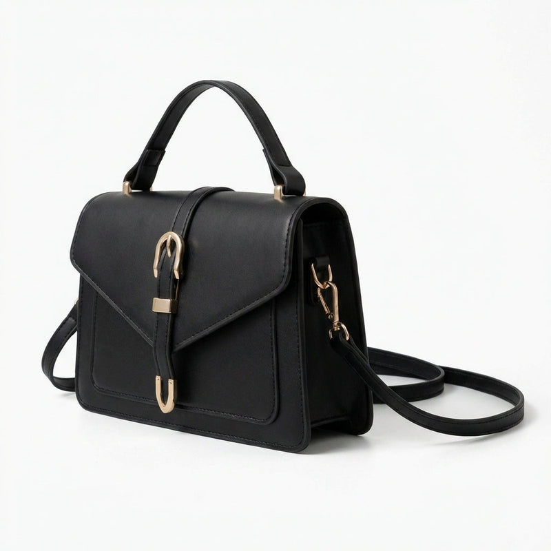 Black Structured Mini Crossbody Bag with Buckle Detail - Photo 1