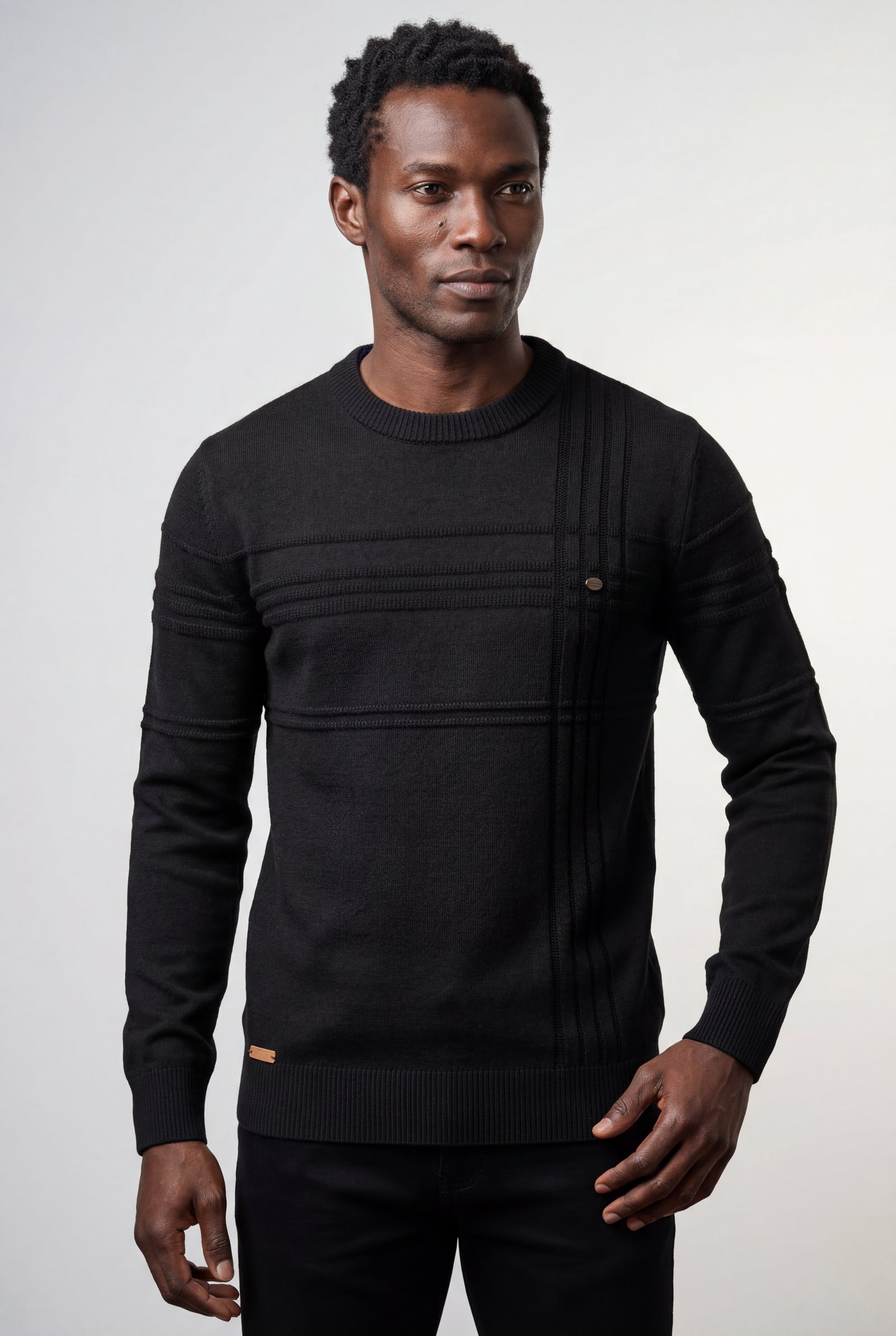 Black Structured Tonal Textured Crewneck Sweater - Structured sweater - Photo 11
