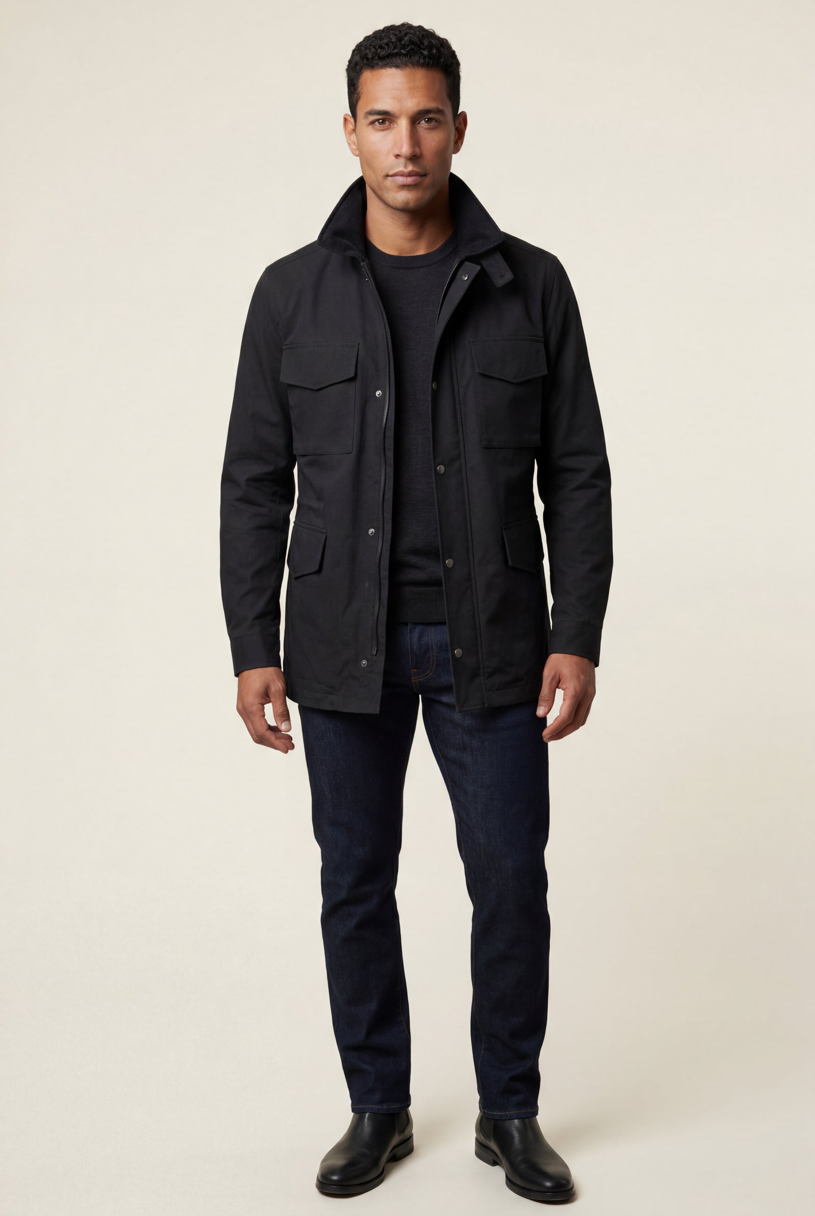 Black Structured Utility Field Jacket with Classic Collar - Transitional jacket - Photo 8