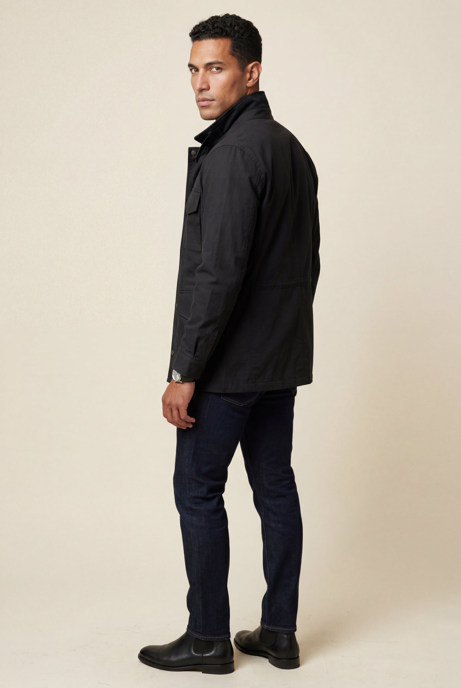 Black Structured Utility Field Jacket with Classic Collar - Transitional jacket - Photo 9