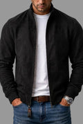 Suede Bomber Jacket in Black — front view