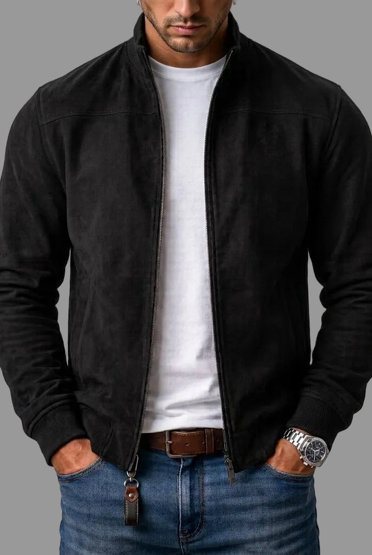 Suede Bomber Jacket in Black — front view