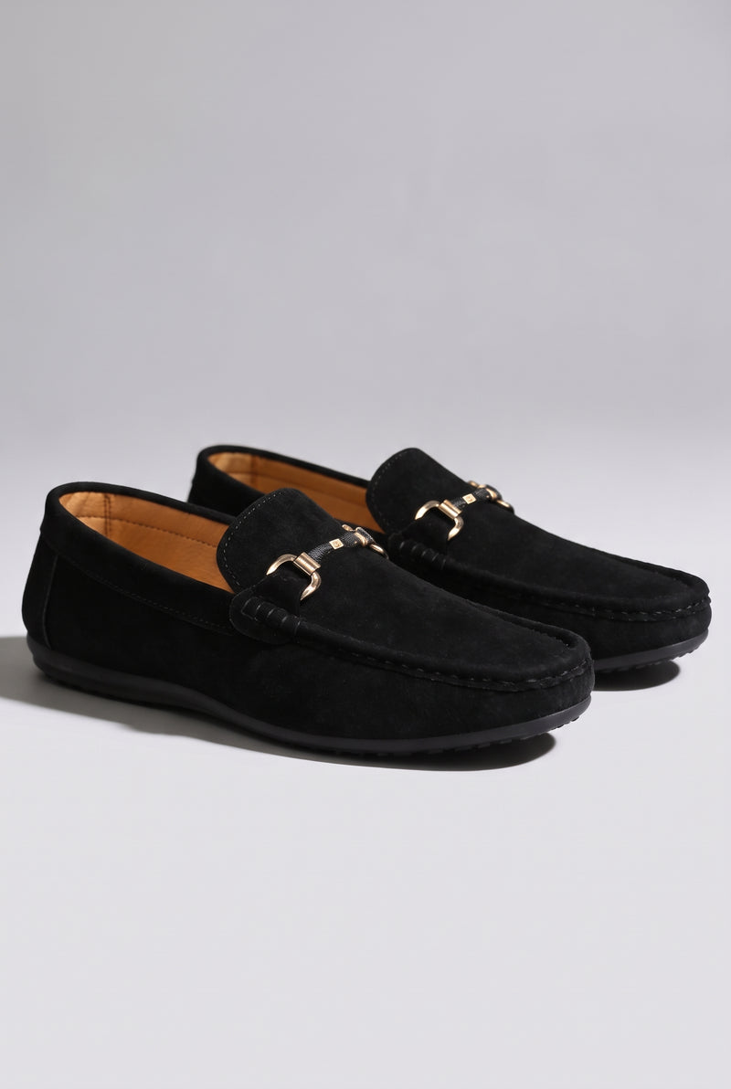 Suede Buckle Loafers in Black — studio front