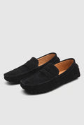 Suede Moccasin Loafers in Black — studio front