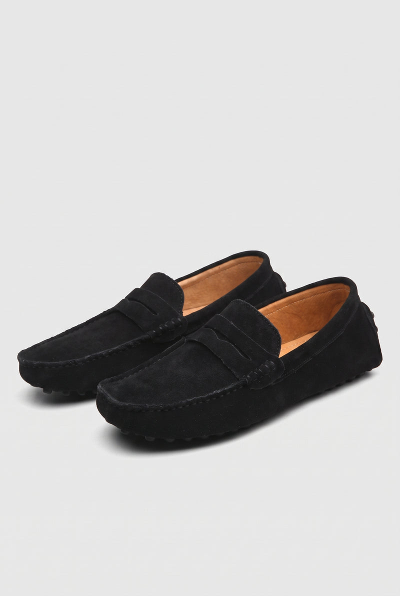 Suede Moccasin Loafers in Black — studio front