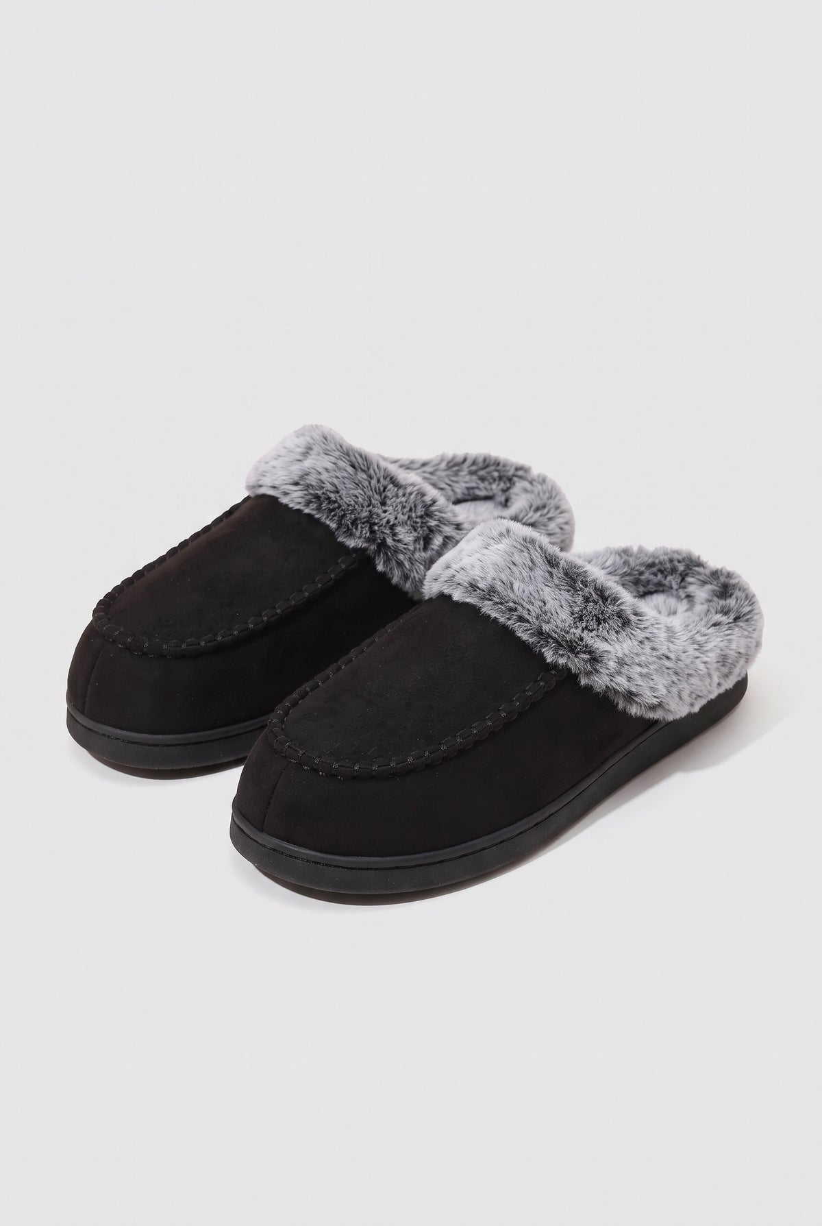 Suede Mule Slippers in Black — studio front
