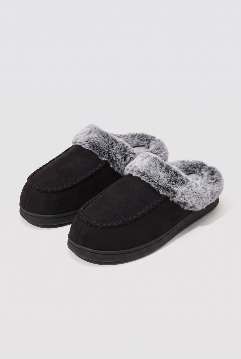 Suede Mule Slippers in Black — studio front