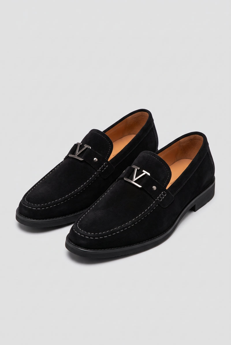 Suede Slip-On Loafers in Black — studio front