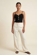 Black Sweetheart Neckline Ribbed Tank Top with Gold Button Detail - Tank tops - Photo 1