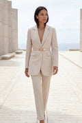 Beige Tailored Belted Blazer with Notched Lapels and Flap Pockets - Belted blazers - Photo 7