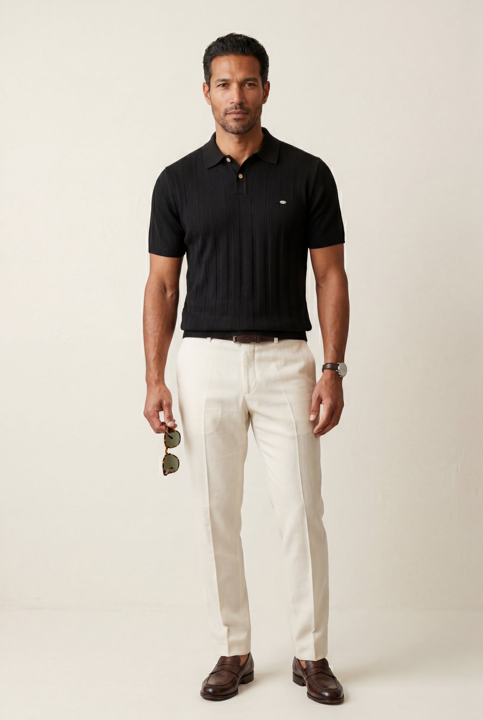 Black Tailored Ribbed Short Sleeve Polo Shirt - Polo shirts - Photo 5