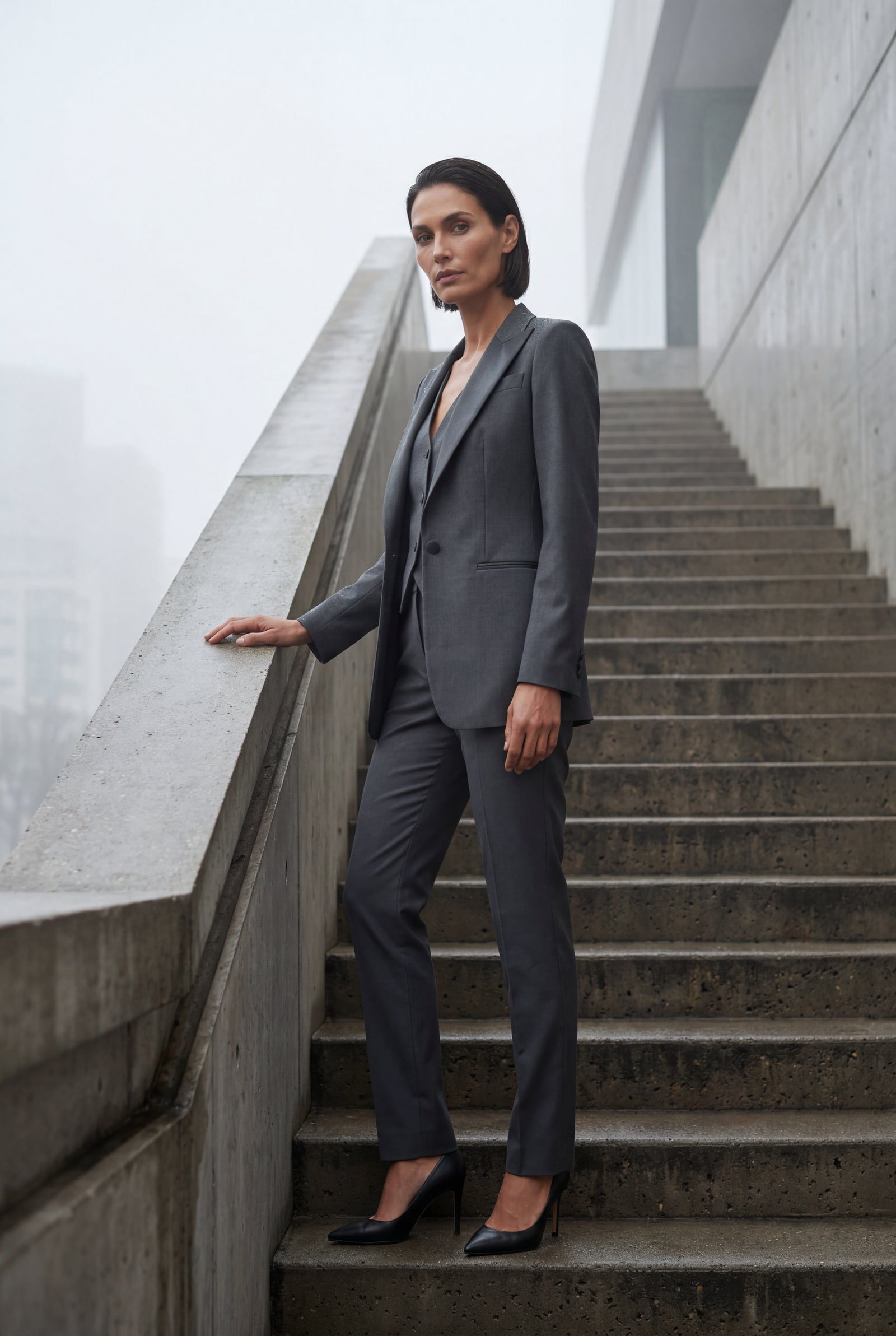 Gray Tailored Three Piece Suit Set with Buttoned Vest - Women suit sets - Photo 12