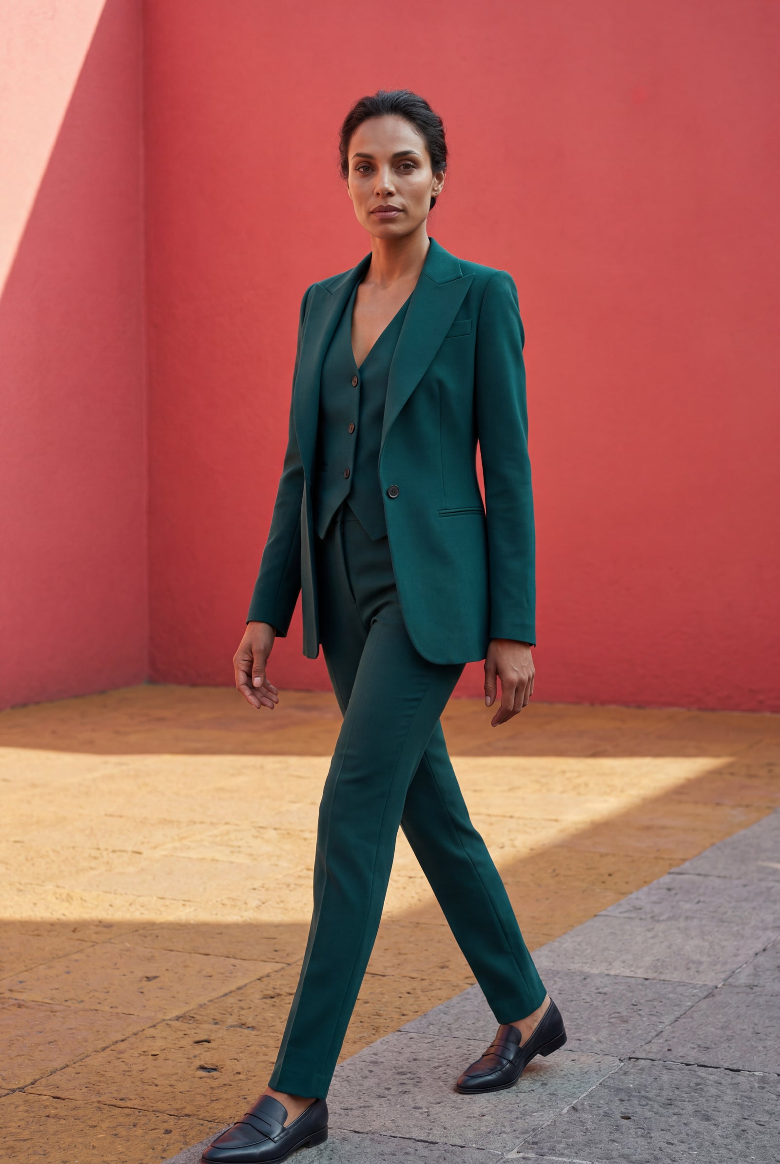 Green Tailored Three Piece Suit Set with Buttoned Vest - Women suit sets - Photo 7