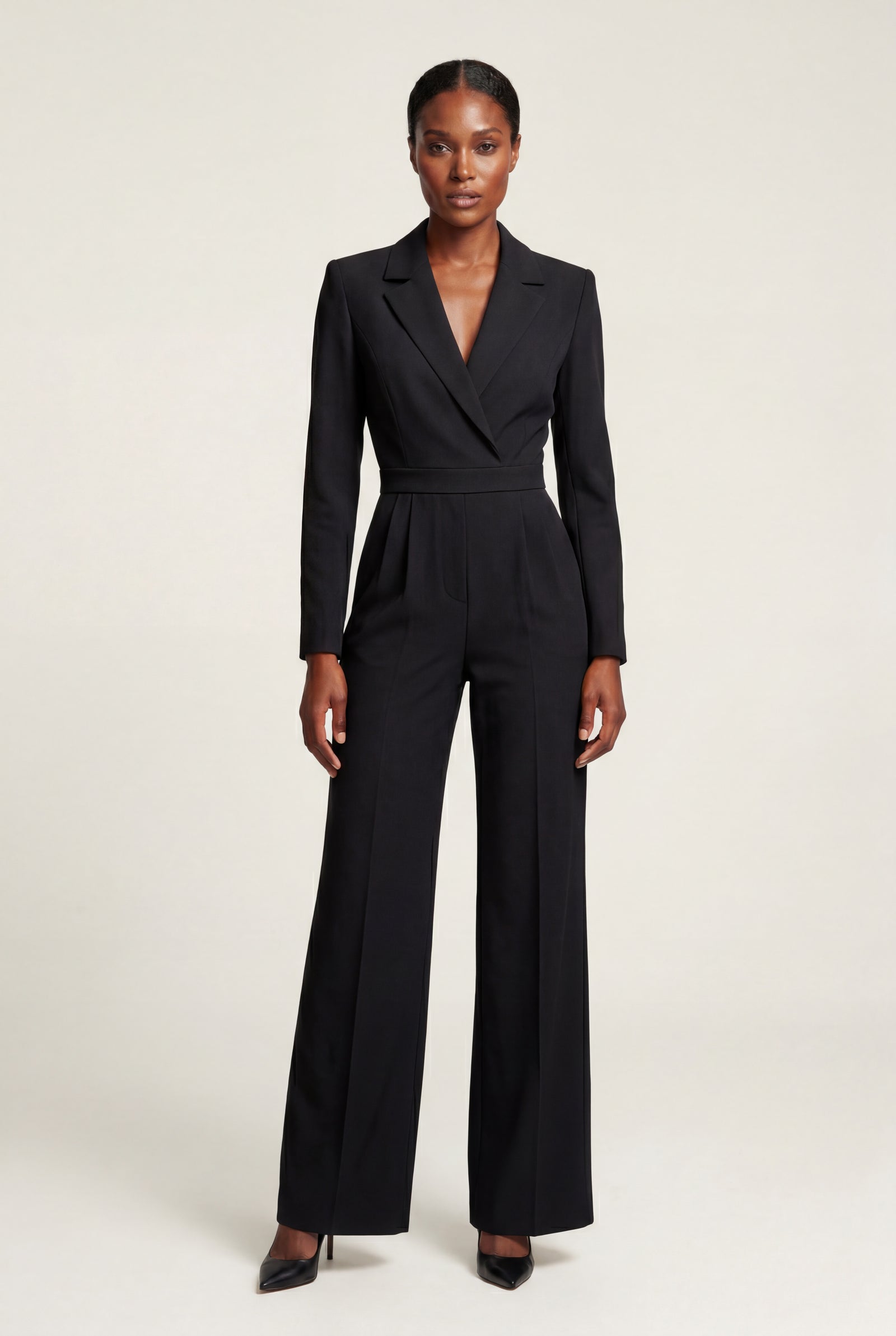 Black Tailored Wide Leg Blazer Jumpsuit with Cinched Waist - Fitted blazer jumpsuit - Photo 4