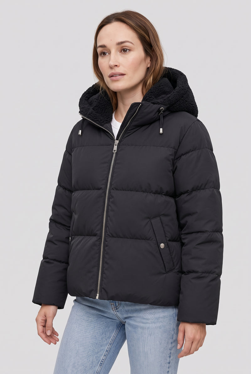 Teddy-Lined Hooded Puffer Jacket in Black — studio front