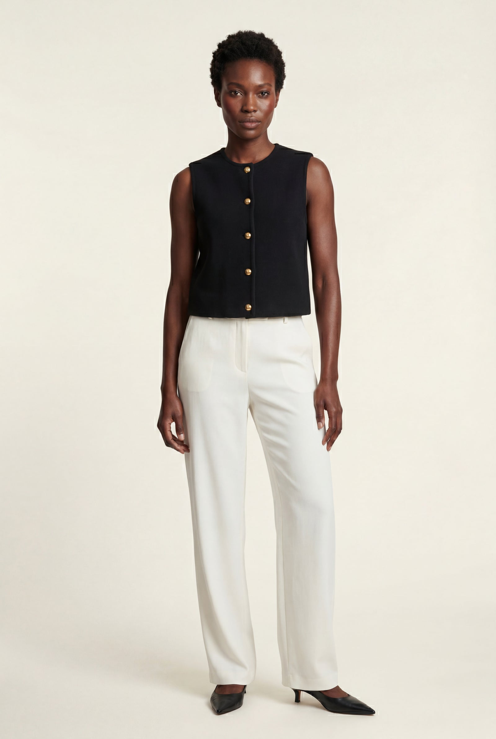 Black Textured Button-front Gilet Vest with Crew Neckline - Photo 7