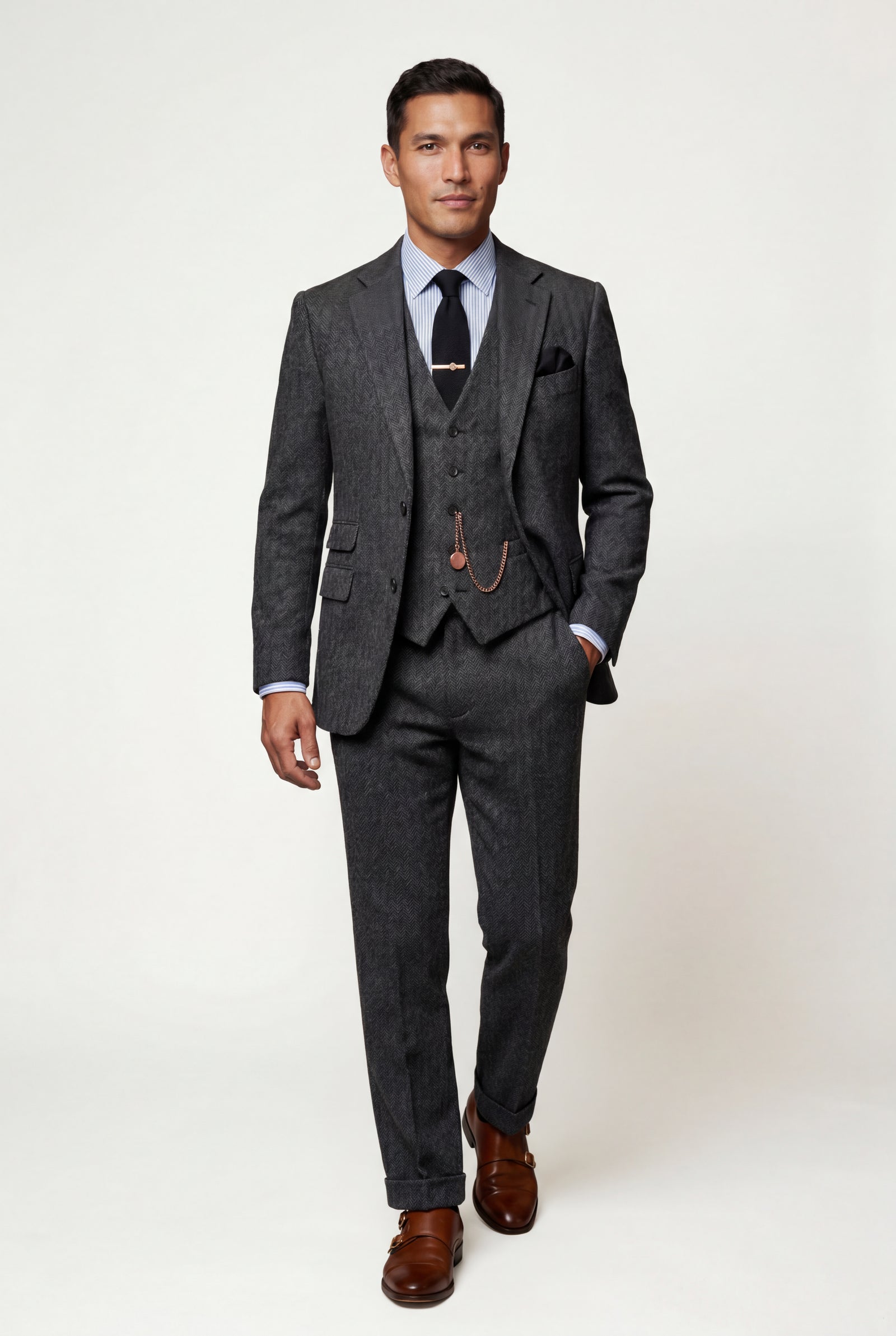 Black Textured Three-piece Suit with Notched Lapels - Photo 16