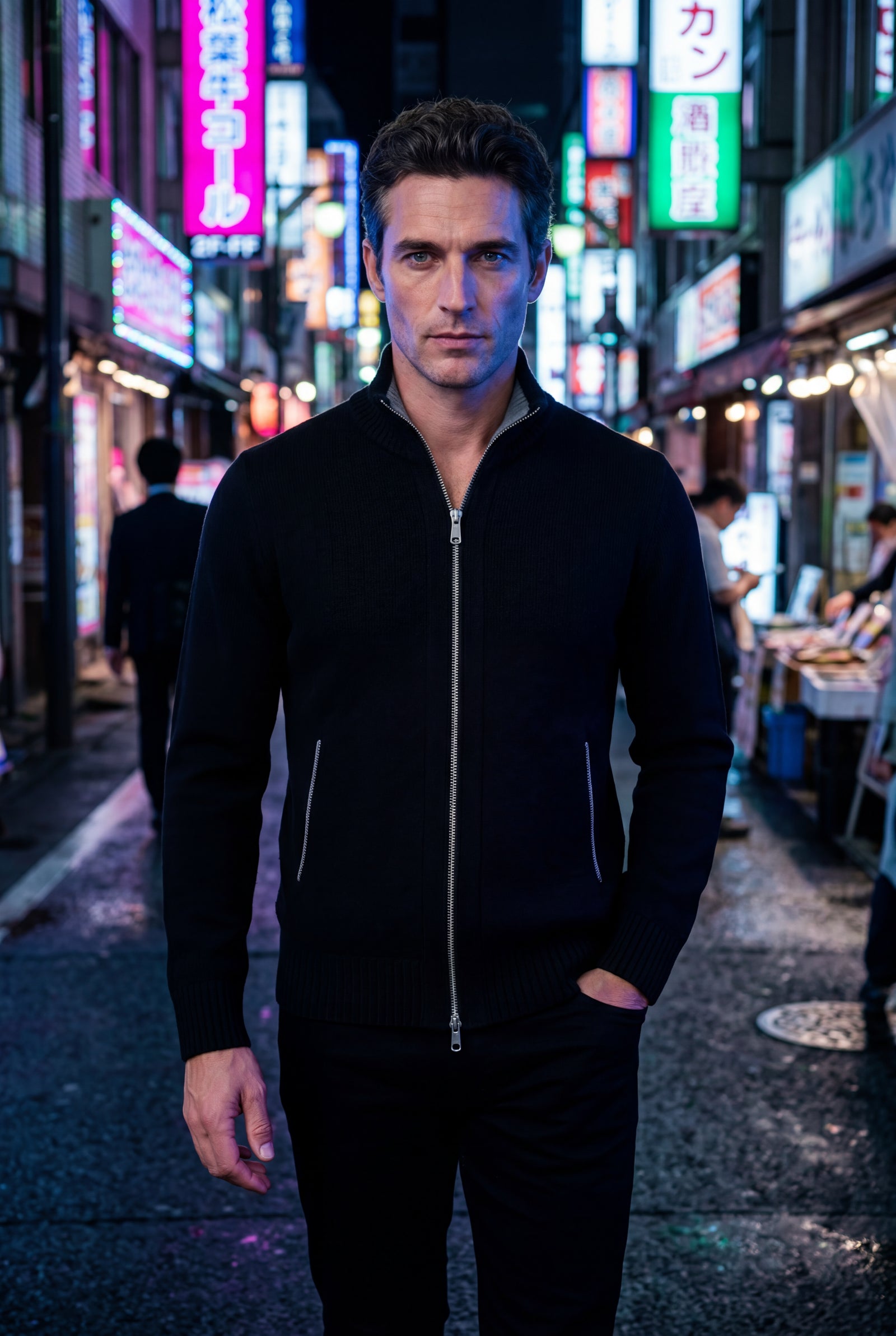 Black Textured Zip-up Sweater Jacket with Stand Collar - Zip up vest - Photo 2