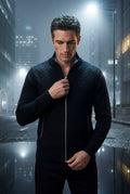 Black Textured Zip-up Sweater Jacket with Stand Collar - Zip up vest - Photo 3