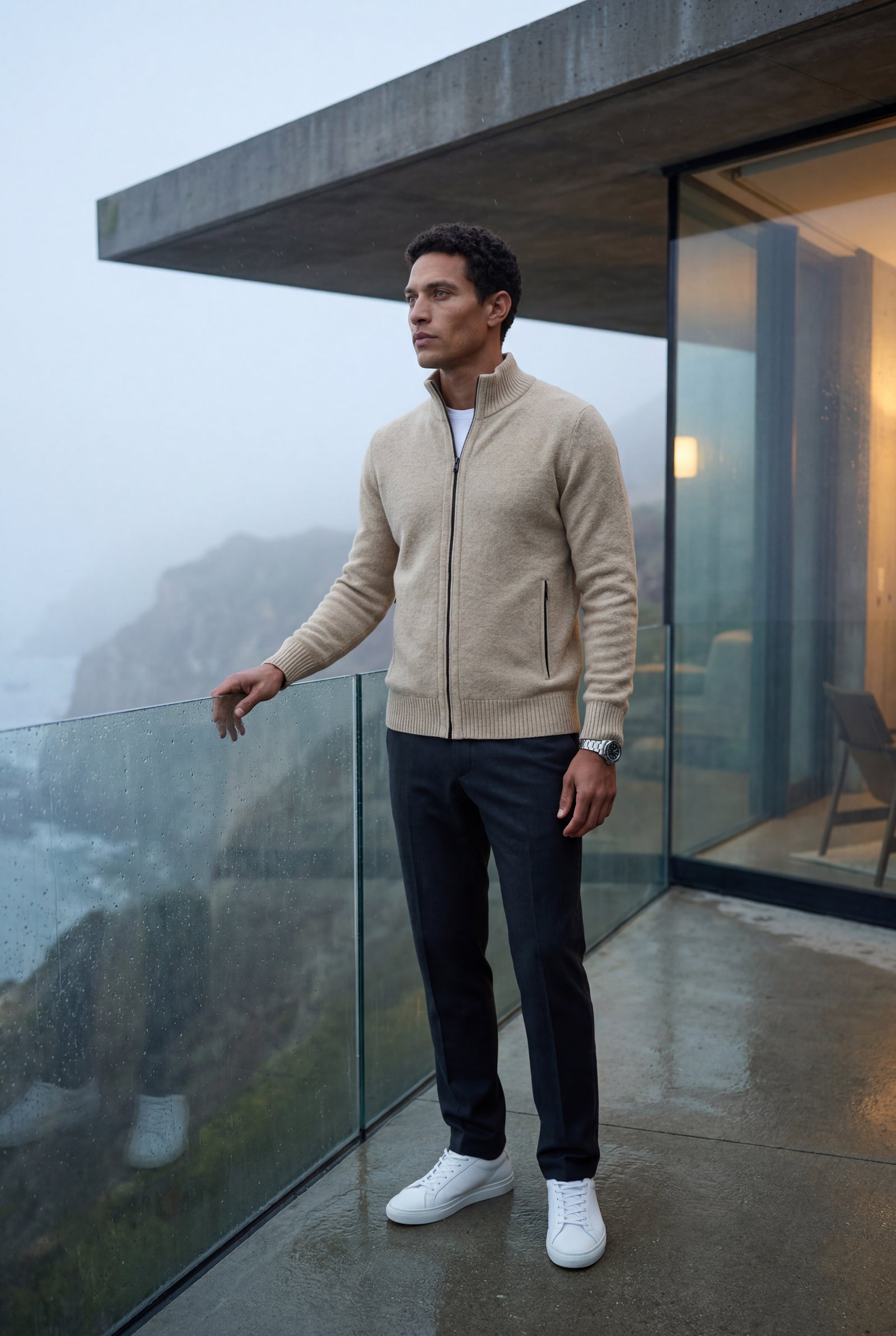 Beige Textured Zip-up Sweater Jacket with Stand Collar - Zip up vest - Photo 7