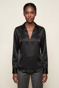 Black V-neck Relaxed-fit Blouse with Curved Hem - Blouses - Photo 4