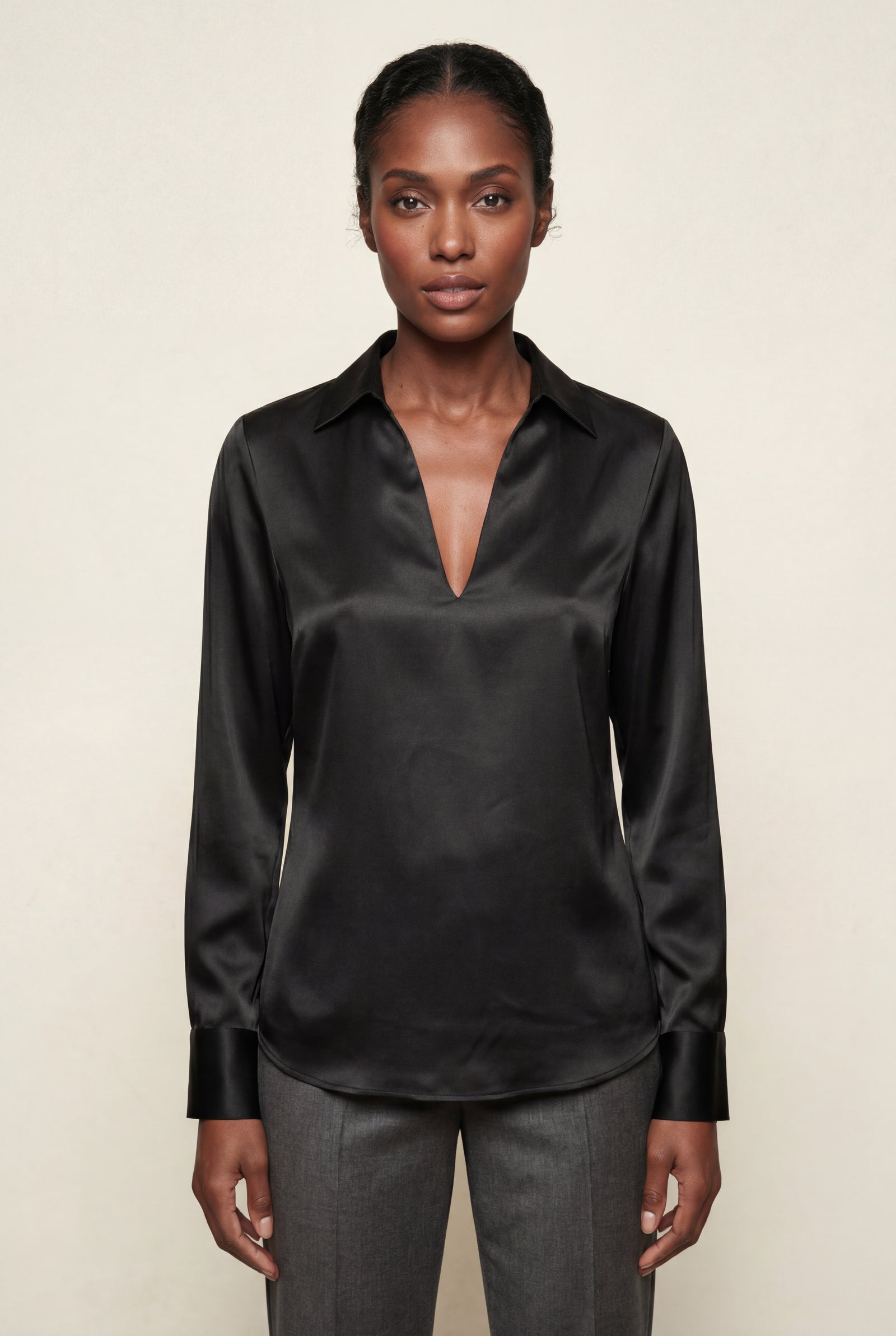 Black V-neck Relaxed-fit Blouse with Curved Hem - Blouses - Photo 4