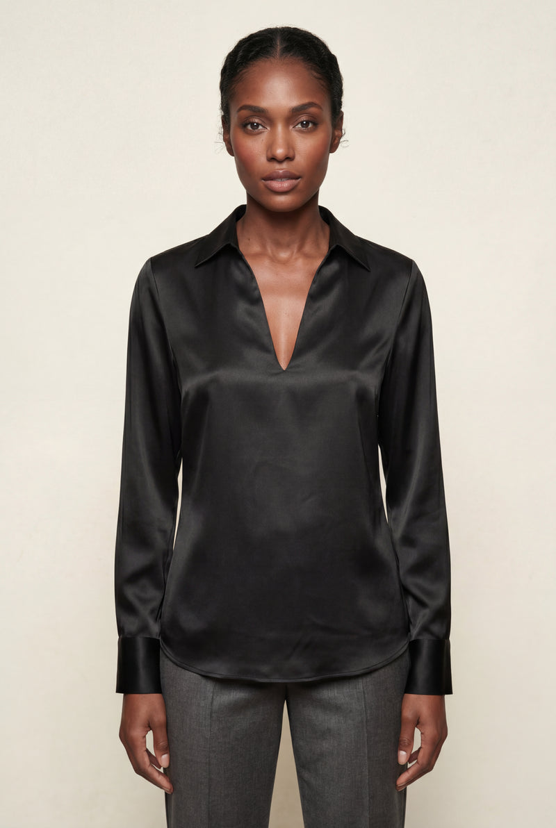 Black V-neck Relaxed-fit Blouse with Curved Hem - Blouses - Photo 4