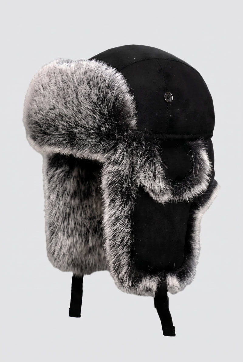 Vegan Leather Trapper Hat in Black — studio front