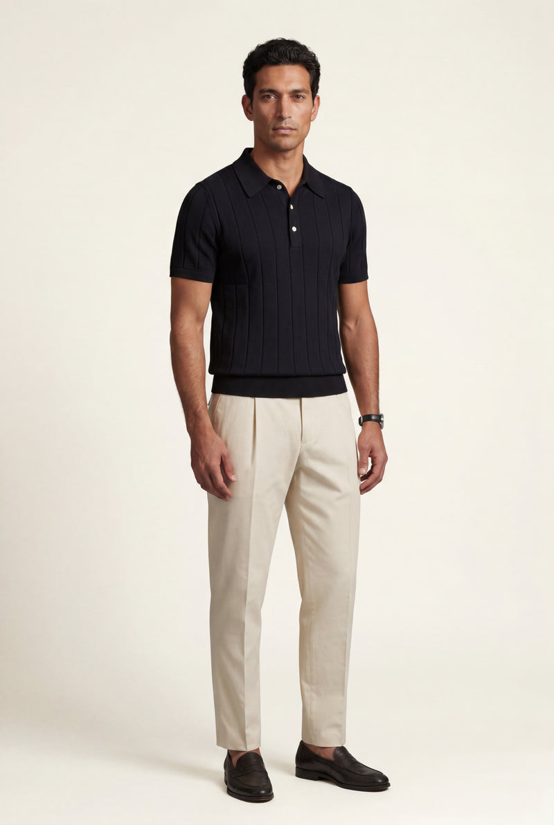 Black Vertical Ribbed Tailored Short Sleeve Polo Shirt - Polo shirts - Photo 2