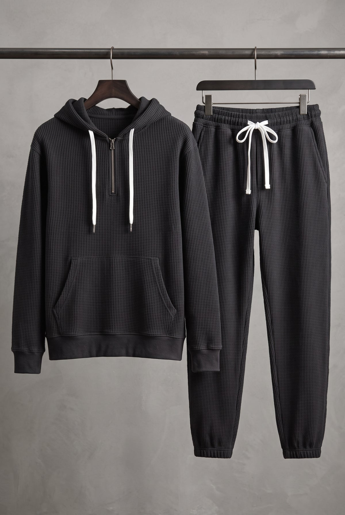 Waffle-Knit Hoodie Set in Black — studio front