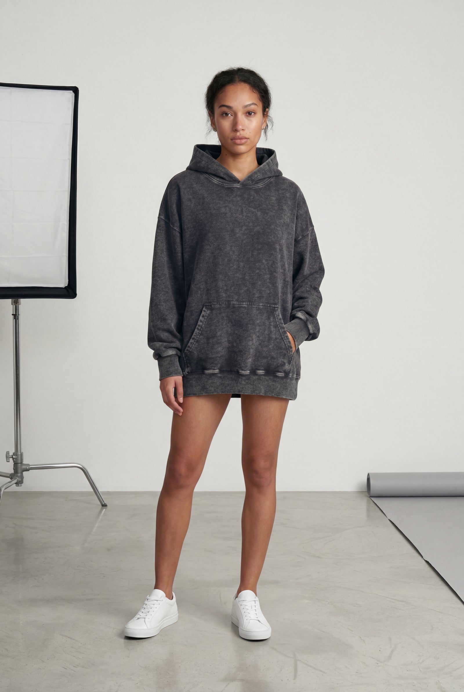 Black Washed Black Oversized Longline Hoodie with Kangaroo Pocket - Oversized hoodie - Photo 1