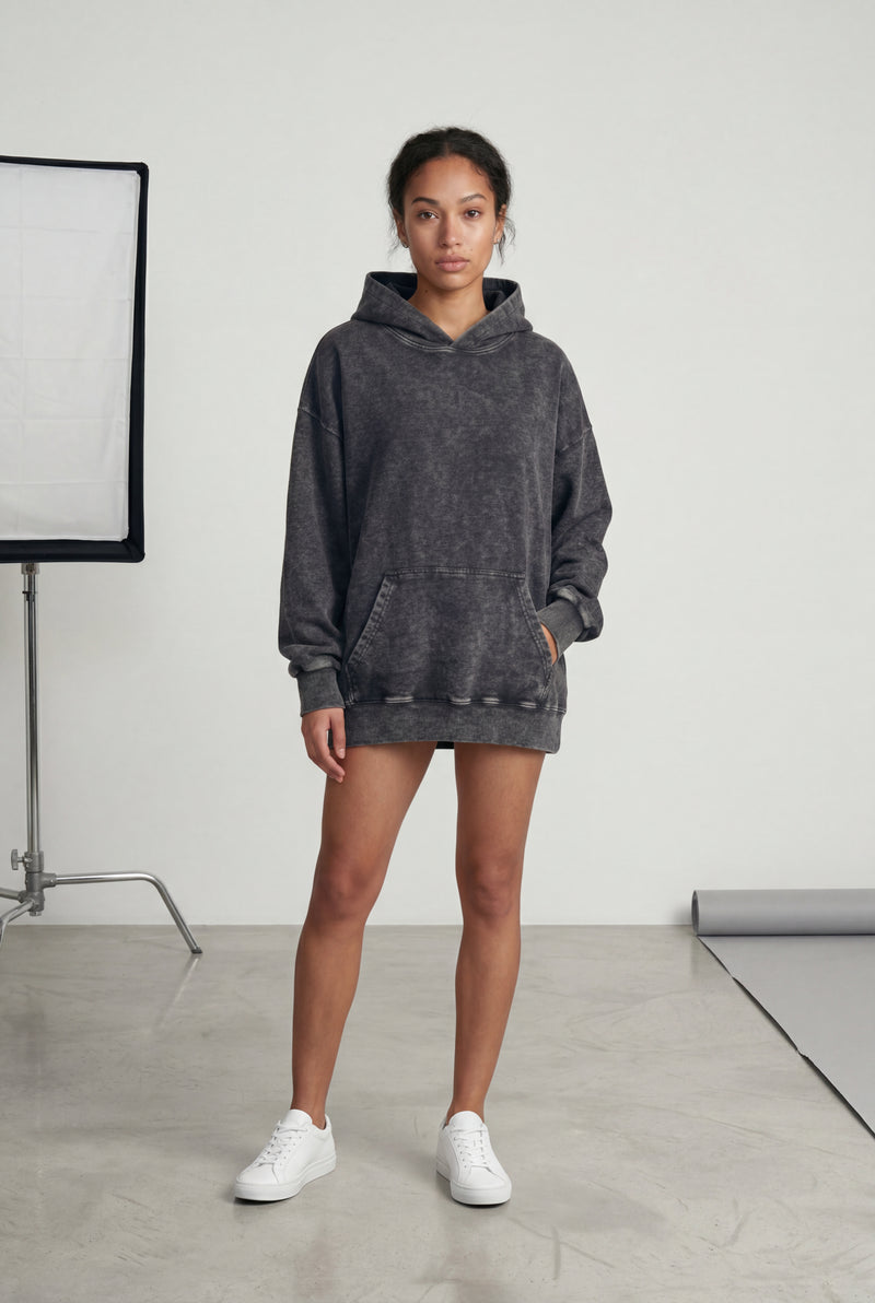Black Washed Black Oversized Longline Hoodie with Kangaroo Pocket - Oversized hoodie - Photo 1