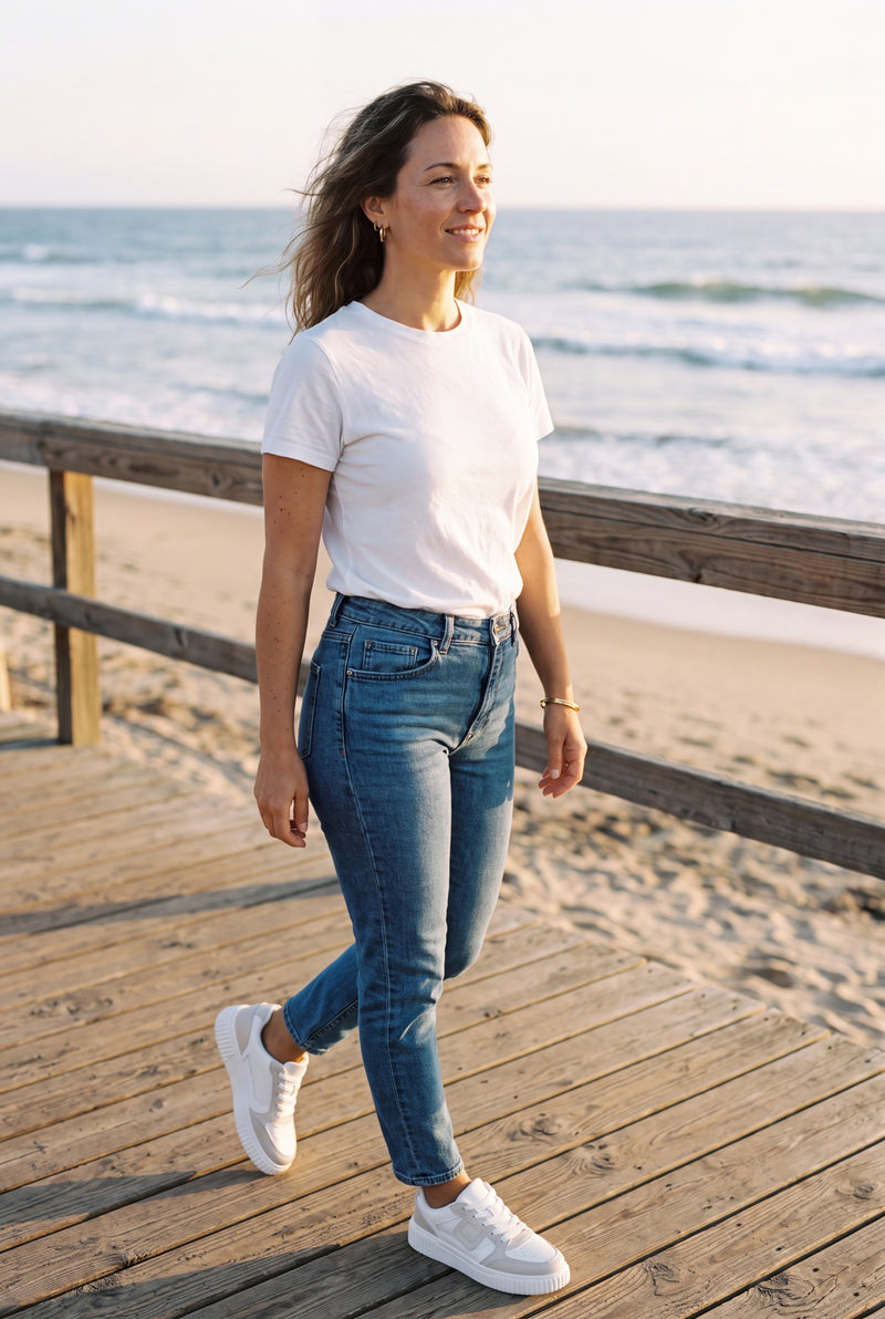Women Sneakers Platform Color Block in Black/White — secondary lifestyle seaside walk