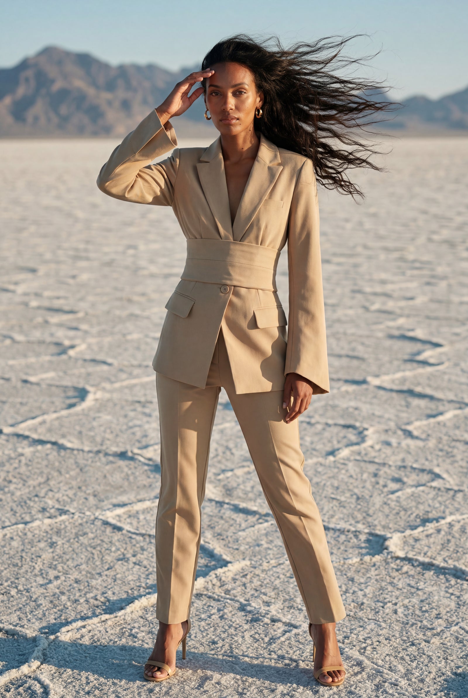 Khaki Wide Lapel Belted Blazer with Split Sleeves - Fitted blazers - Photo 5