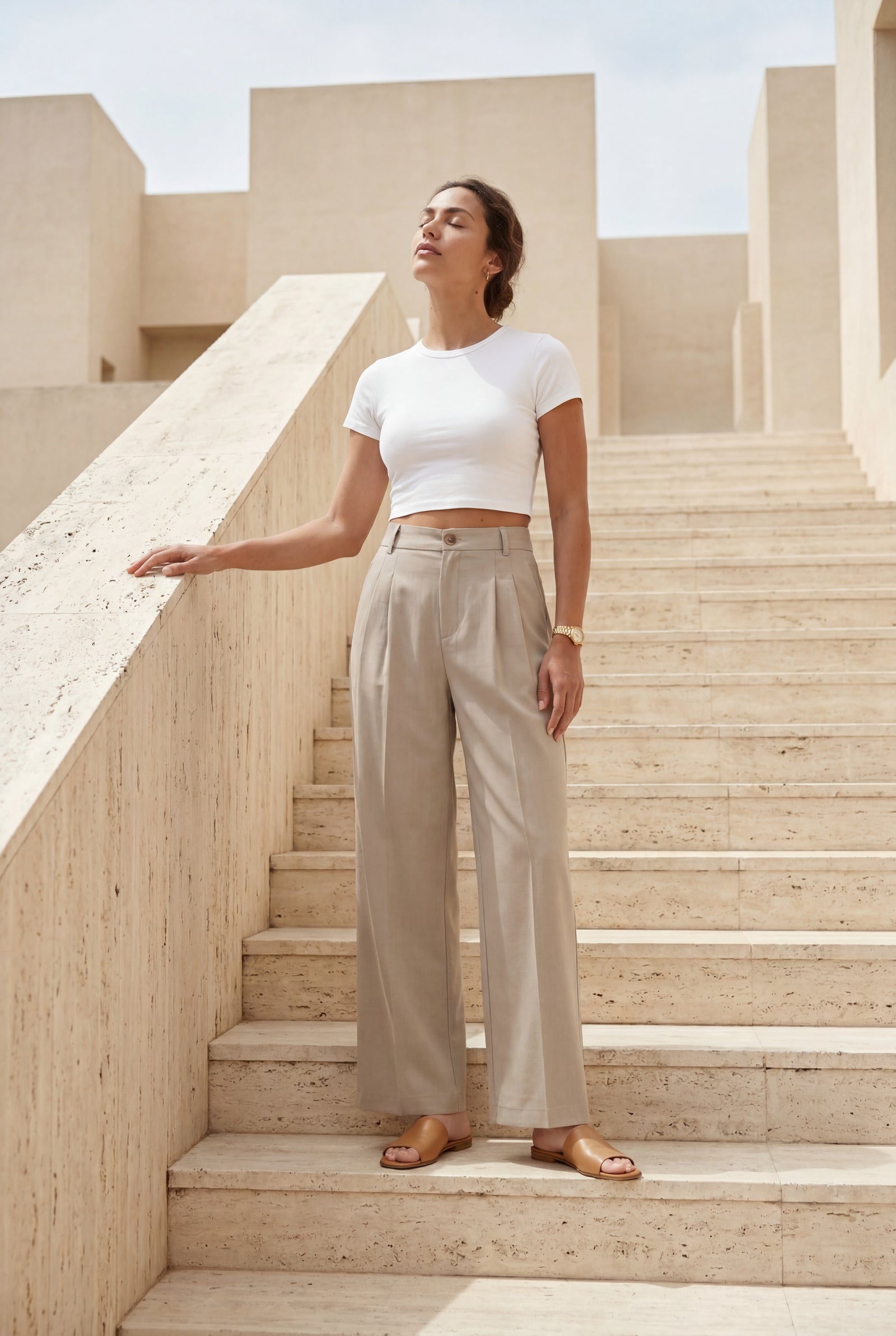 Beige Wide Leg Office Trousers - Wide leg trousers - Photo 12